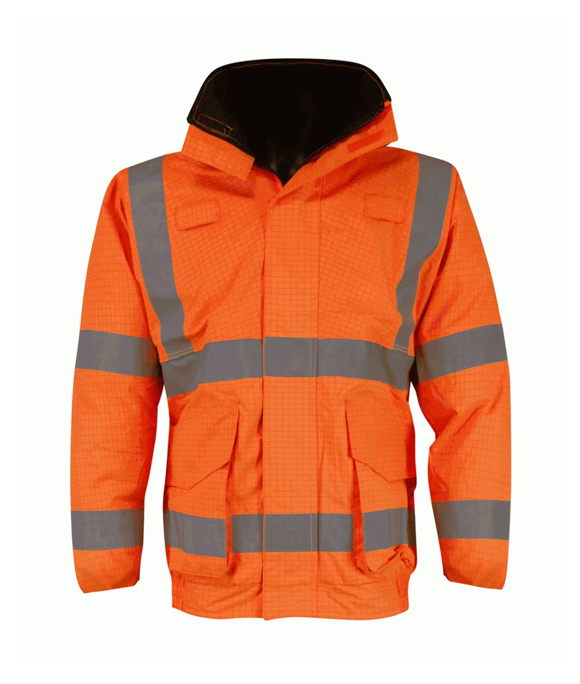 Geyser Hydra Matrix Bomber Jacket hi-vis orange with detachable hood storm flap bellows pockets ISO 20471 label