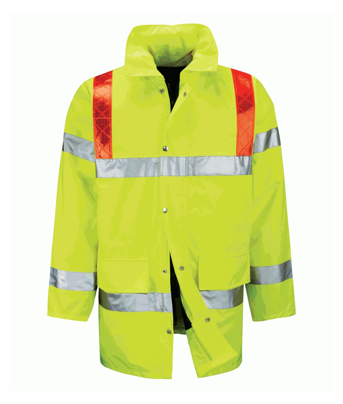 Tor 3/4 Jacket With Red Braces hi-vis jacket sewn-on reflective tape quilted lining fixed concealed hood 300D waterproof