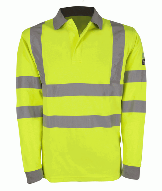 Hertz Inherent Flame Retardant Polo Shirt Yellow high-visibility with contrast collar cuffs concealed stud placket 280gsm