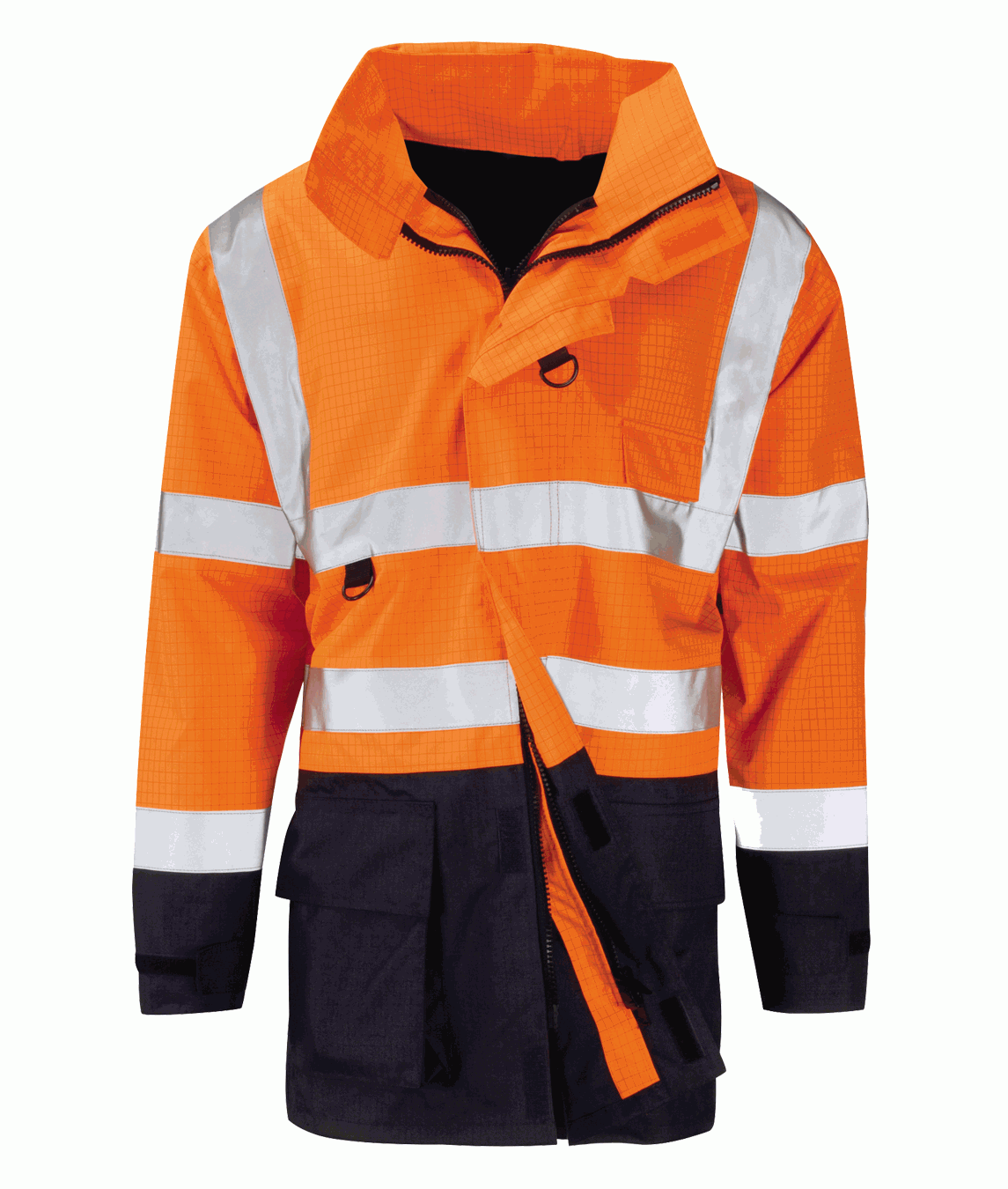 Toba flame retardant hi-vis 3/4 jacket two-tone detachable hood storm flap chest loops bellows pockets