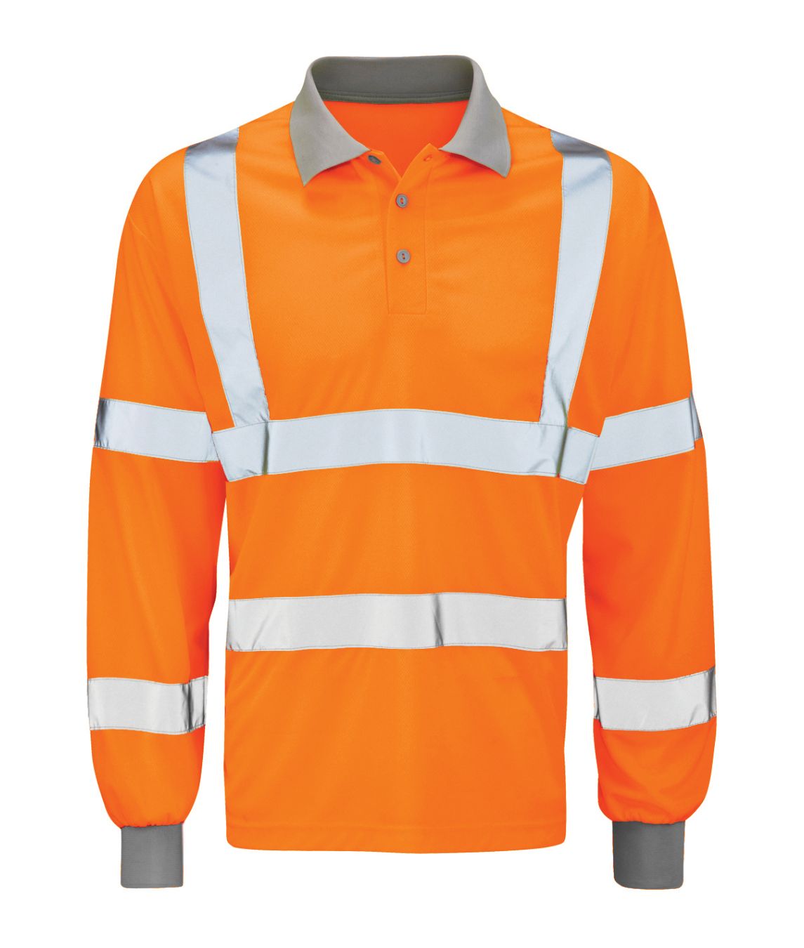 Andromeda Hi Vis Long Sleeve Polo with grey two-button collar ribbed cuffs 100% polyester EN ISO 20471 Class 3 rail compliant