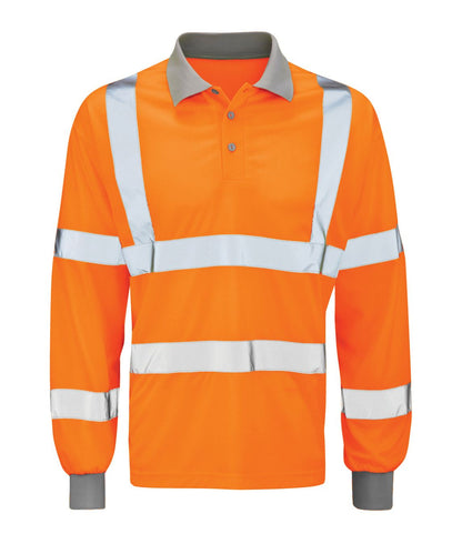 Andromeda Hi Vis Long Sleeve Polo with grey two-button collar ribbed cuffs 100% polyester EN ISO 20471 Class 3 rail compliant