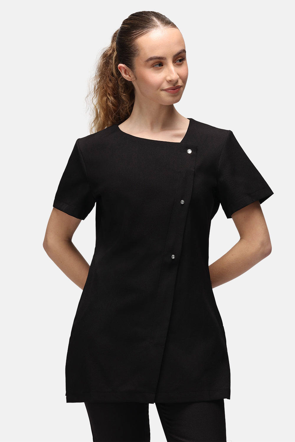 La Beeby Beau Tunic asymmetrical neckline crystal detail concealed front zip side vents 100% polyester soft twill