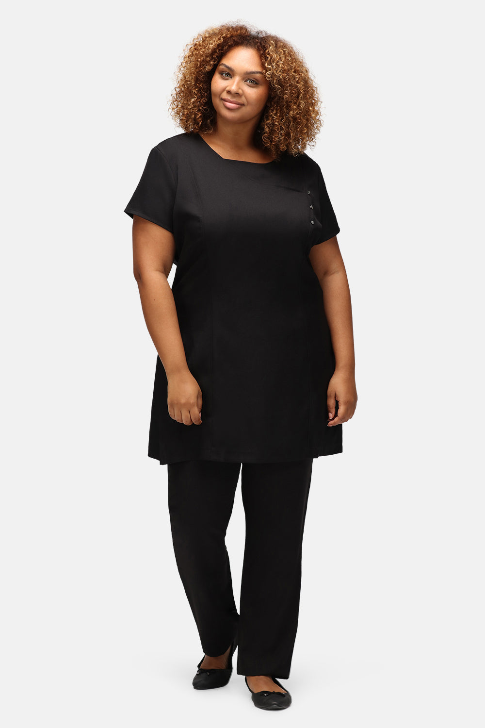 La Beeby Eliza tunic 100% polyester soft twill fitted longer length with faux crystal detail side vents and back zip