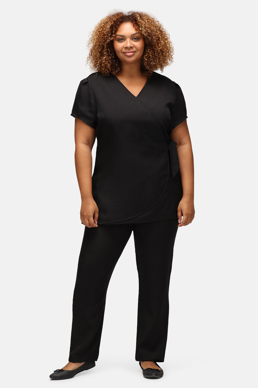 La Beeby Gisele Tunic 100% polyester soft twill faux wrap adjustable side tie pleated sleeve back zip