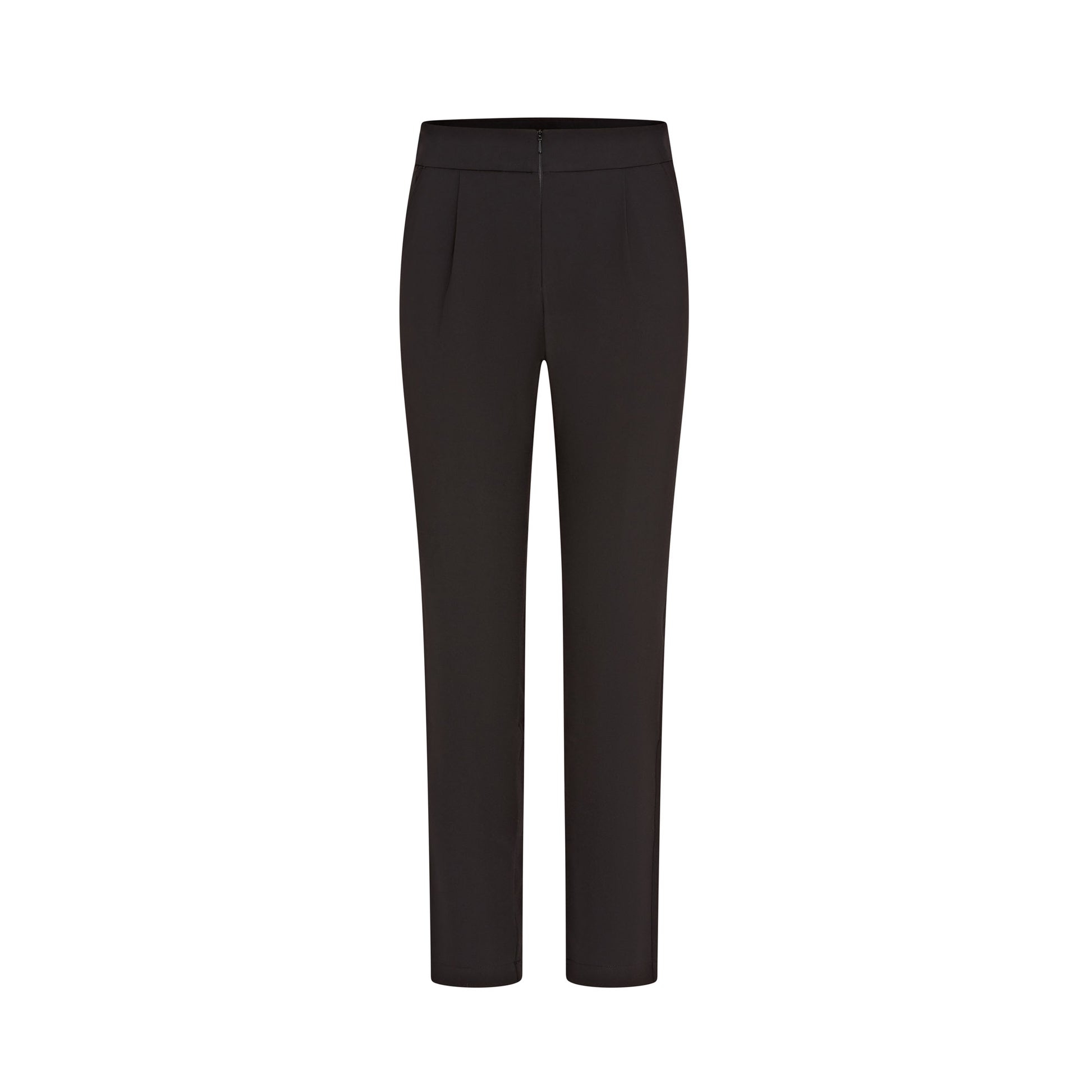 La Beeby Ila slim high waist trousers 100% polyester soft twill concealed elasticated waistband front zip side pockets