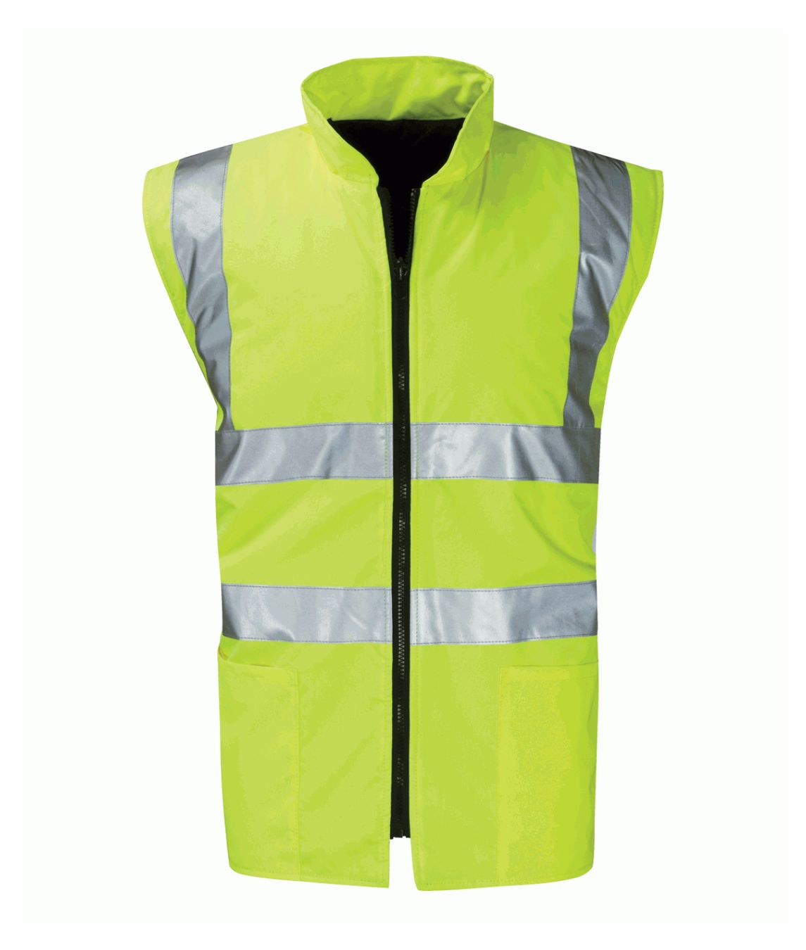 Corinthian Reversible Body Warmer hi-vis side with sewn-on reflective tape and navy poly-cotton padded interior
