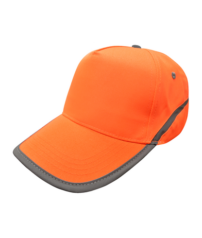 Hi Vis Baseball Cap fluorescent yellow with hi-vis tape on peak and top button brass buckle strap and padded cotton sweatband