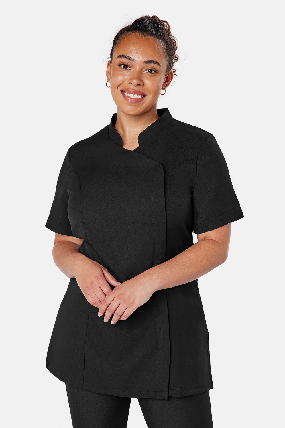 La Beeby Lea Tunic soft twill polyester asymmetrical front concealed zip stud closure V-notches side seam vents