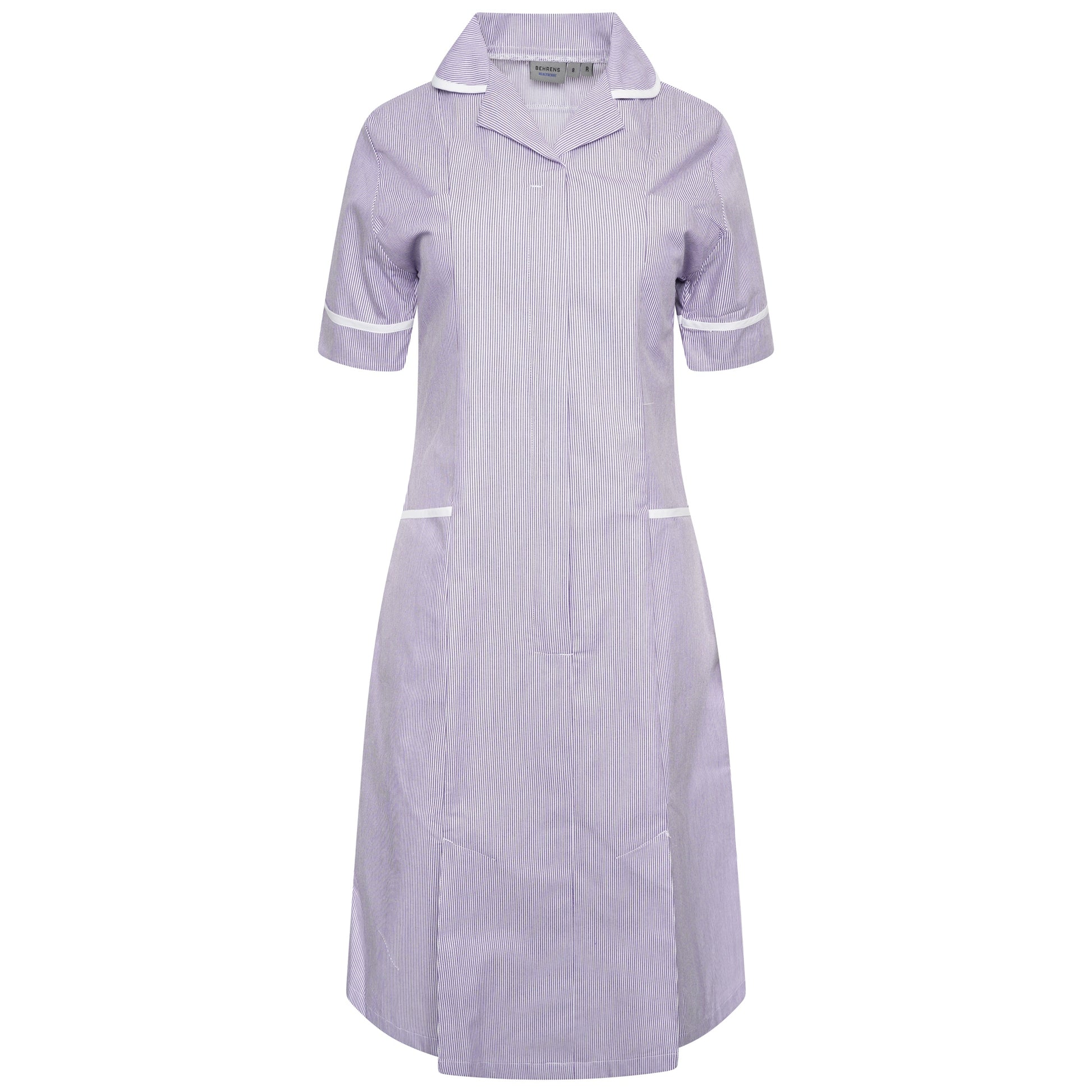 Behrens healthcare dress tall round collar princess seams concealed zip waterproof left breast pocket lower pockets key loop
