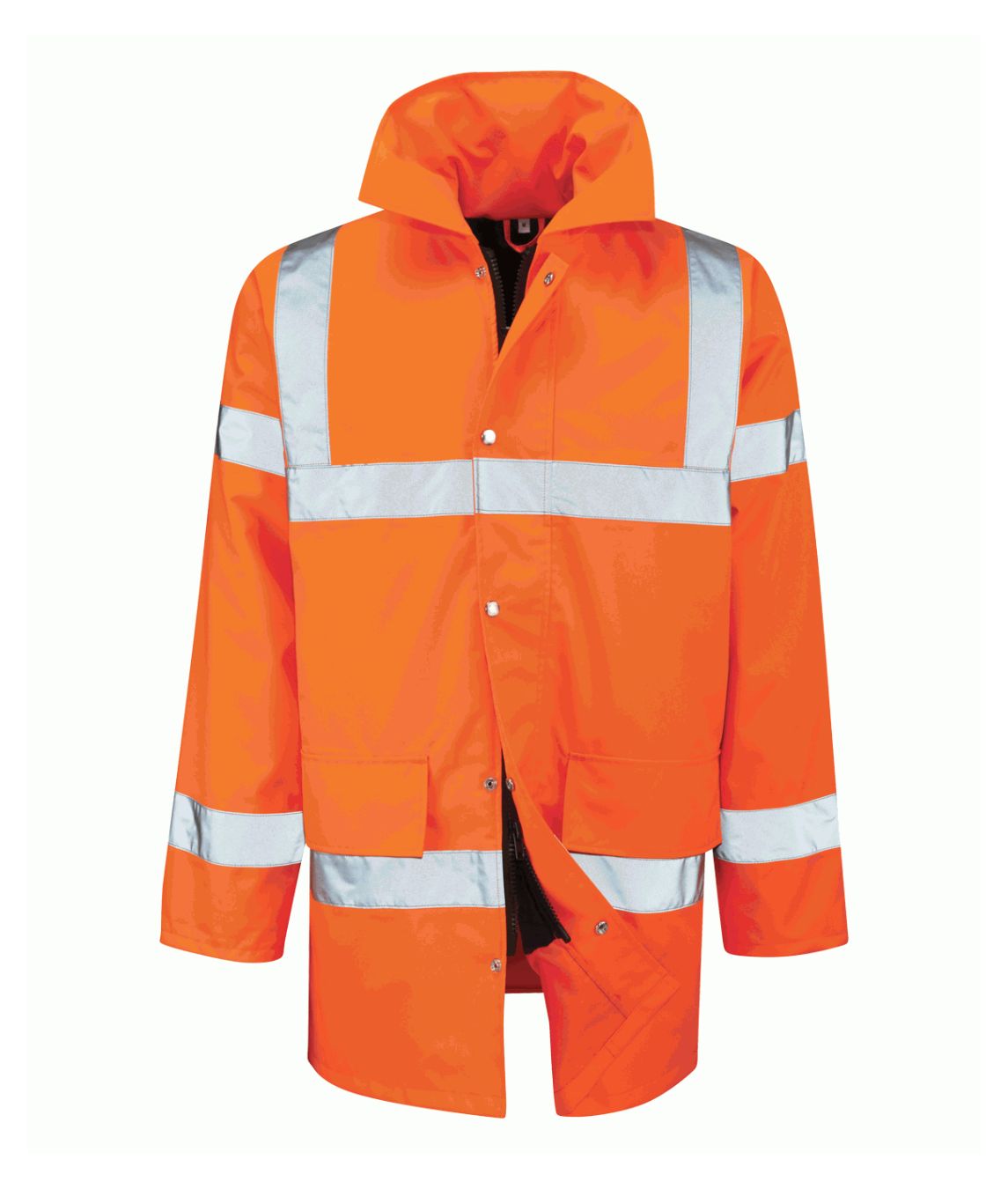 Tristan Orange 3/4 Length Hi-Vis jacket 300D waterproof sewn-on reflective tape concealed hood quilted lining multiple pockets