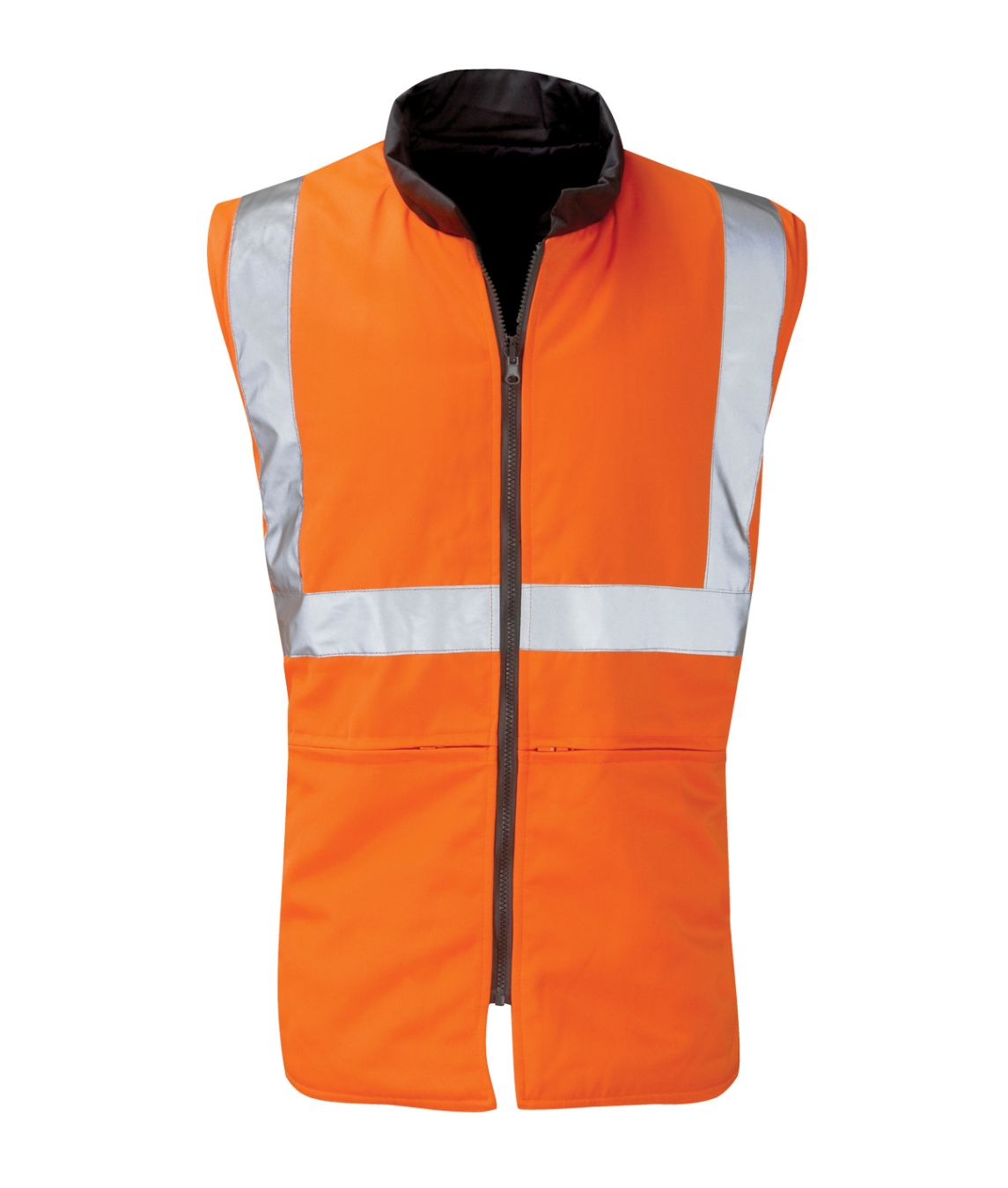 Trooper Reversible Hi Vis Body Warmer orange side with reflective tape mandarin collar full zip and patch pockets