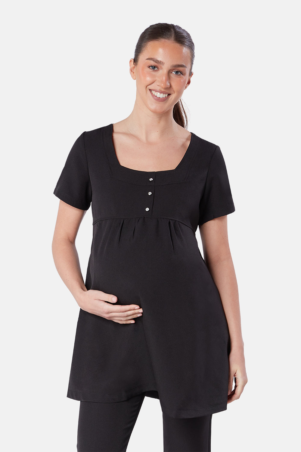 La Beeby Chloe relaxed fit tunic in soft twill with square neckline faux buttons and adjustable back tie