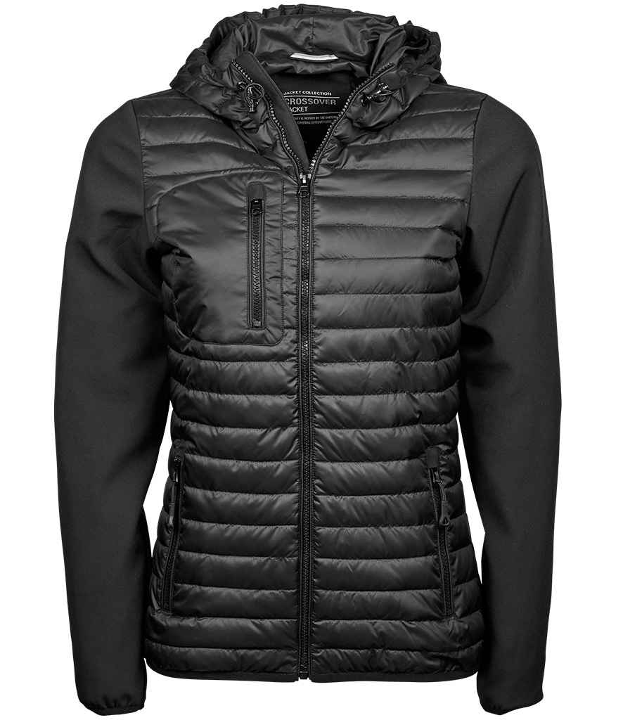 Tee Jays Ladies Crossover Hooded Jacket Black/Black crossover hood shaped fit showerproof breathable fabric