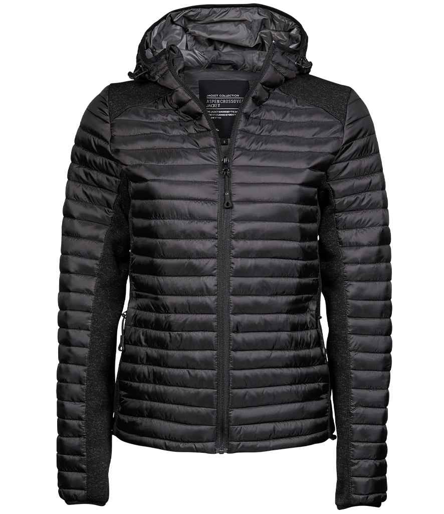 Tee Jays Ladies Crossover Hooded Padded Outdoor Jacket with crossover hood and contrast knitted fleece panels