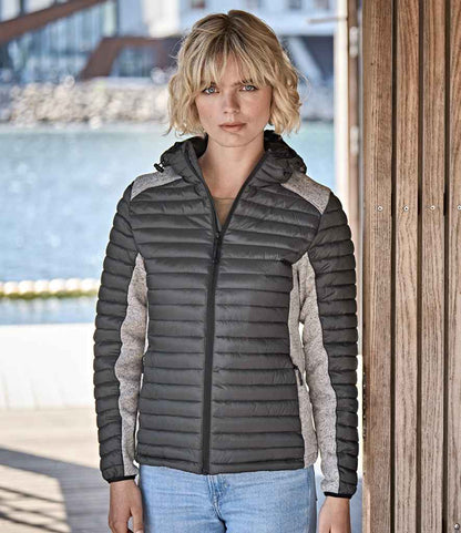 Tee Jays Ladies Crossover Hooded Padded Outdoor Jacket | Space Grey/Grey Melange - Eg Clothing UK
