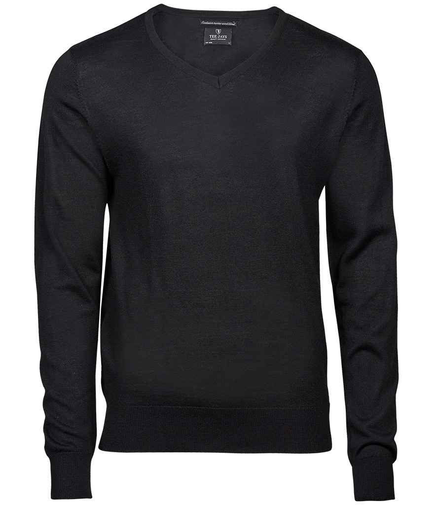 Tee Jays Merino Blend V Neck Sweater showing V-neck regular fit ribbed cuffs and merino wool blend fabric